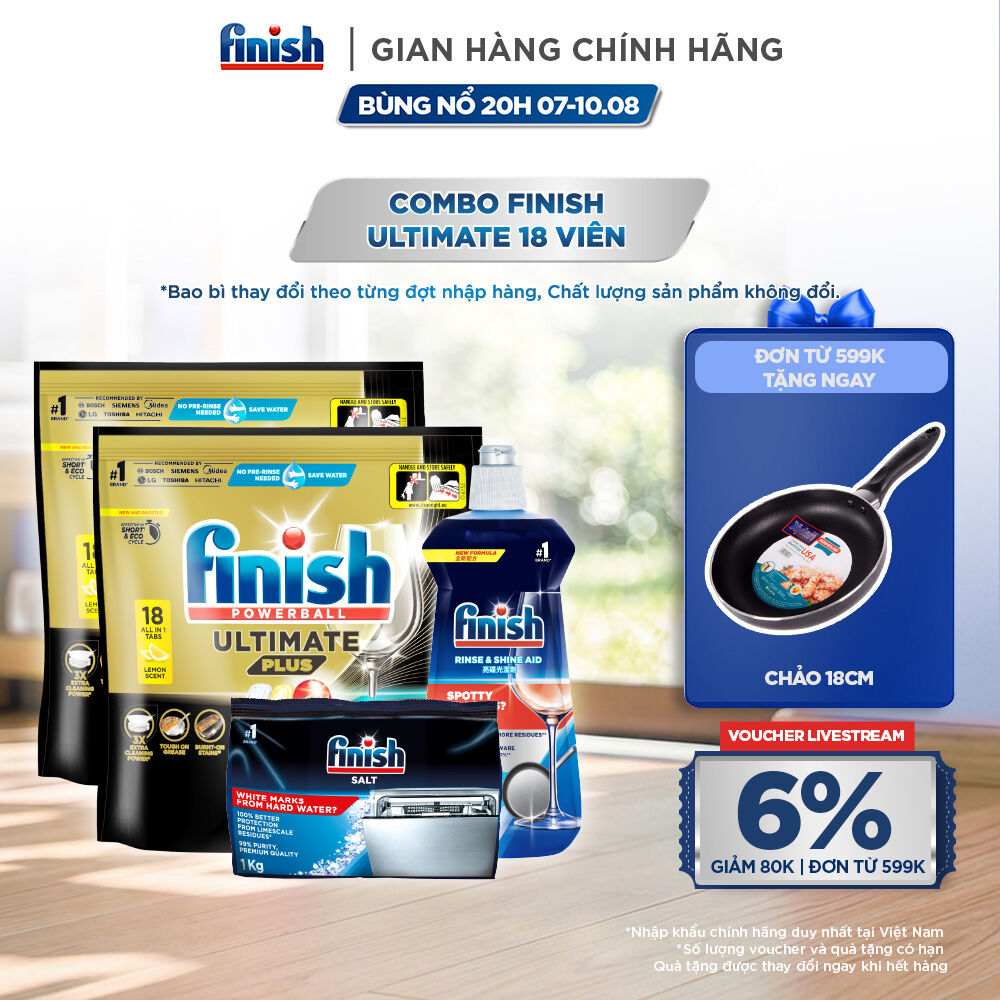 Combo 2 Viên rửa chén Finish Ultimate 18 viên + Nước làm bóng Finish 500ml + Muối rửa chén Finish 1kg