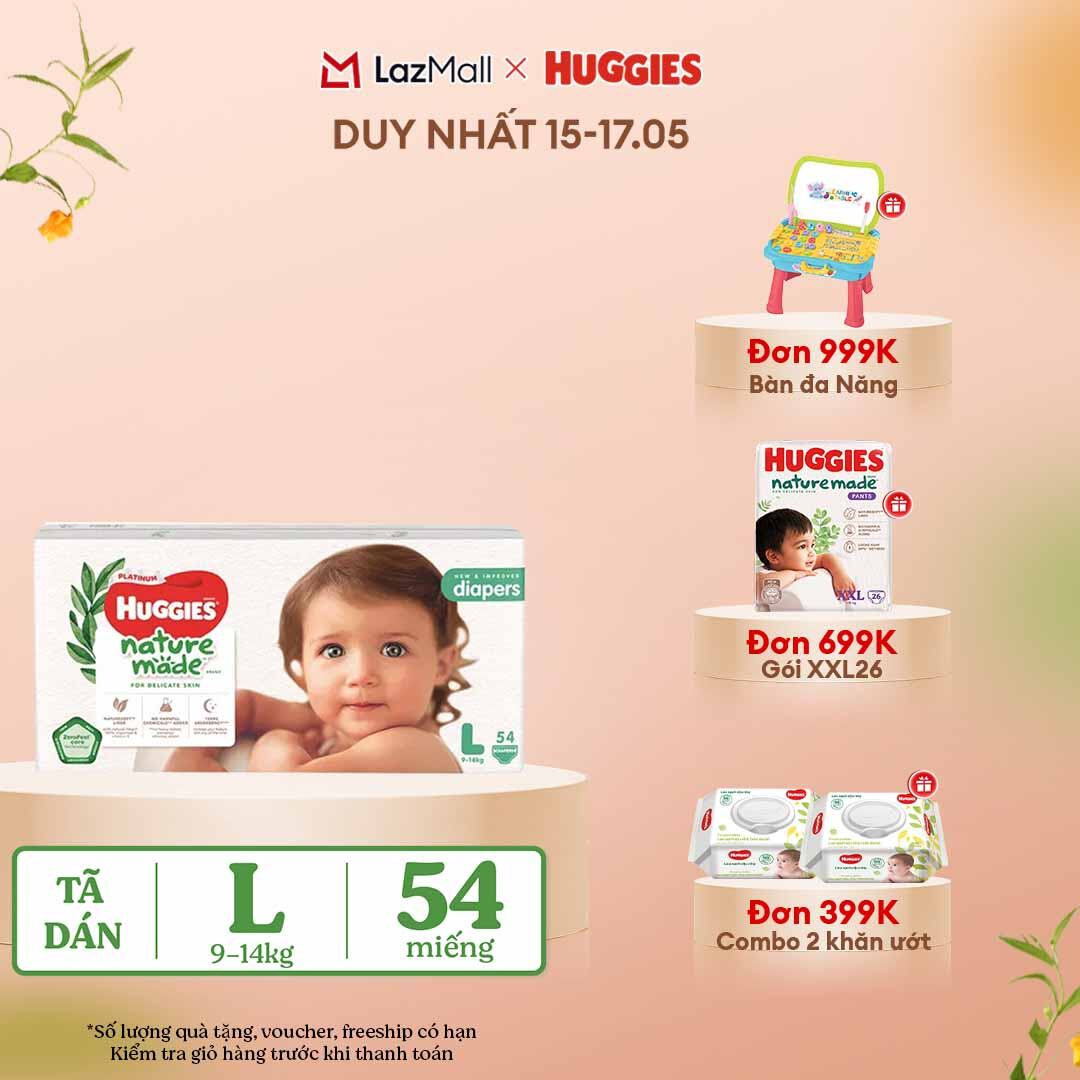 [CHỈ 15-17.05 QUÀ TẶNG ĐƠN 399K](Mua 1 tặng 1) Tã/Bỉm dán HUGGIES PLATINUM NatureMade L54 (9-14kg)-Gói Jumbo 54 miếng