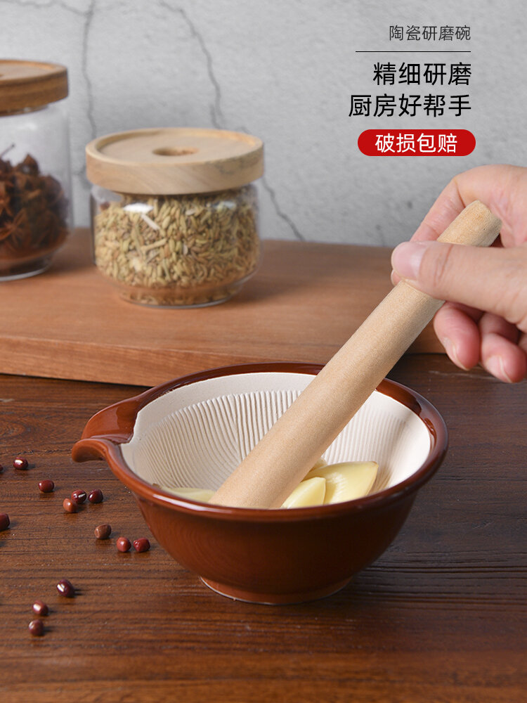 Bát Mài Gốm Sứ Kiểu Trung Quốc Dụng Cụ Giã Tỏi Nhà Bếp Dụng Cụ Nghiền Thủ Công Vừng Xay Nghiền Tỏi Gia Dụng 2268