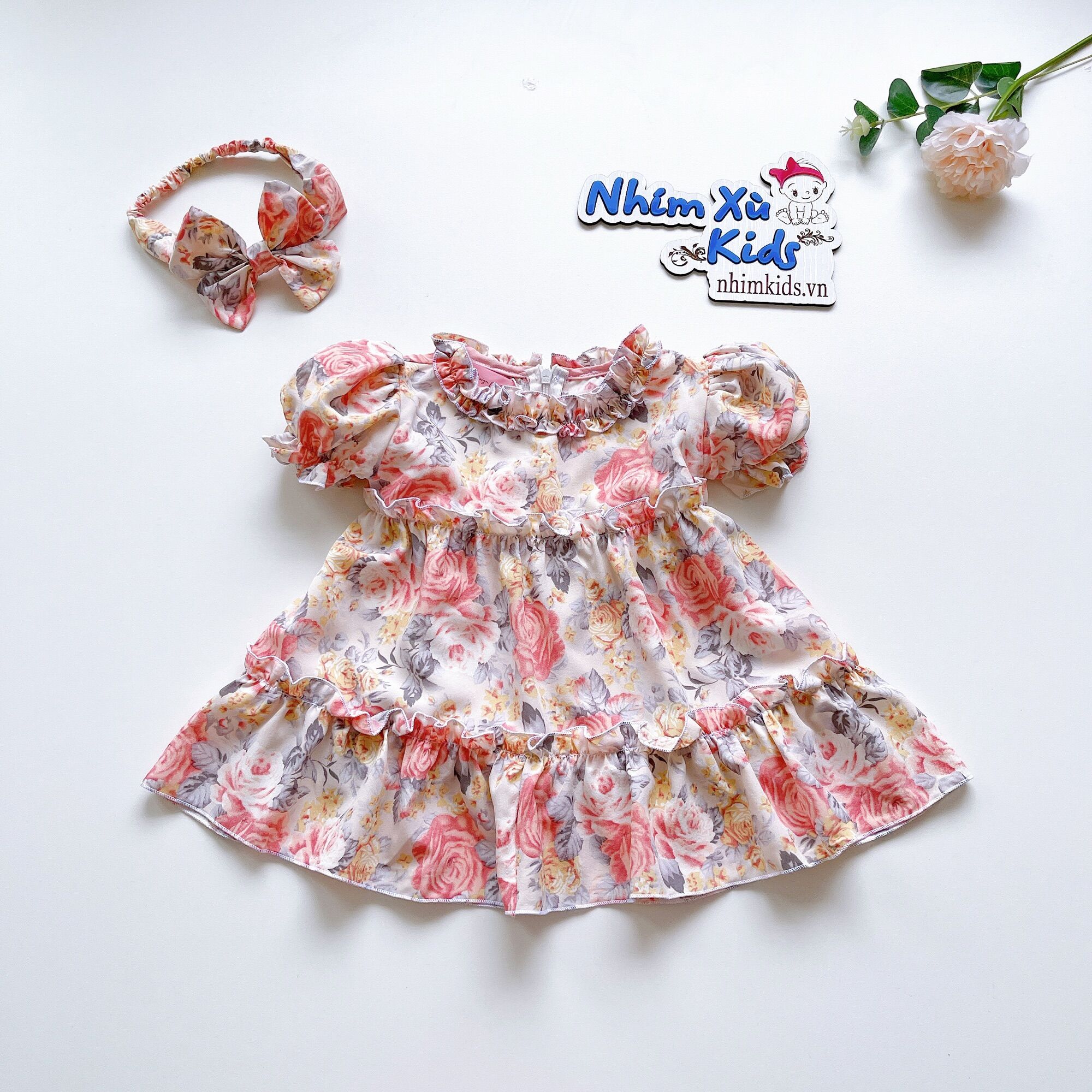 Váy hồng phai bé gái 4 đến 28kg chất lụa mềm mát v021
