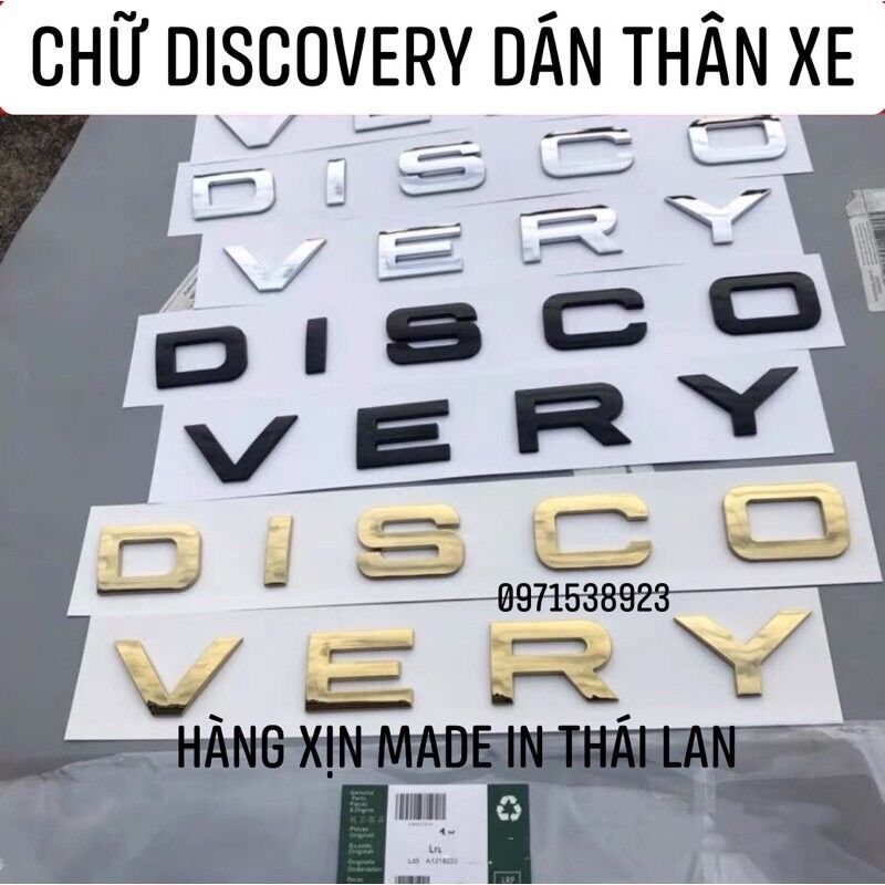 Tem chữ DISCOVERY chữ nổi mạ Crom xịn thái lan có 3 màu. đen, vàng và trắng