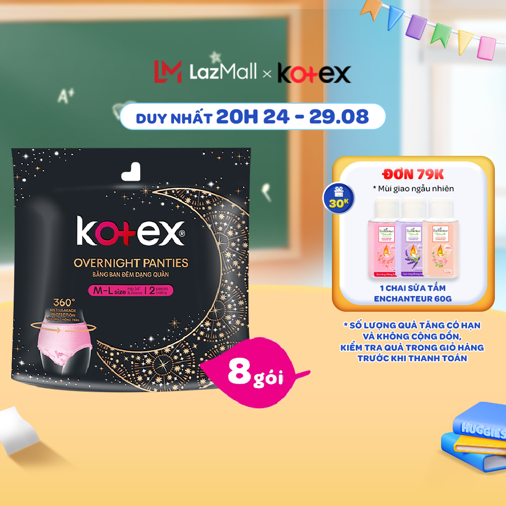 Combo 8 gói bvs kotex ban đêm dạng quần cỡ m/l/l/xl 2 miếng