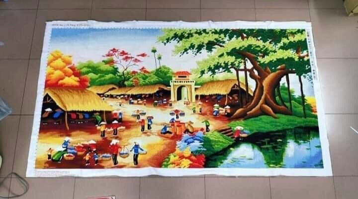 199x112cm Tranh thêu làng quê  thêu kín chưa thêu/ Tranh thêu chữ thập chưa thêu về tự thêu