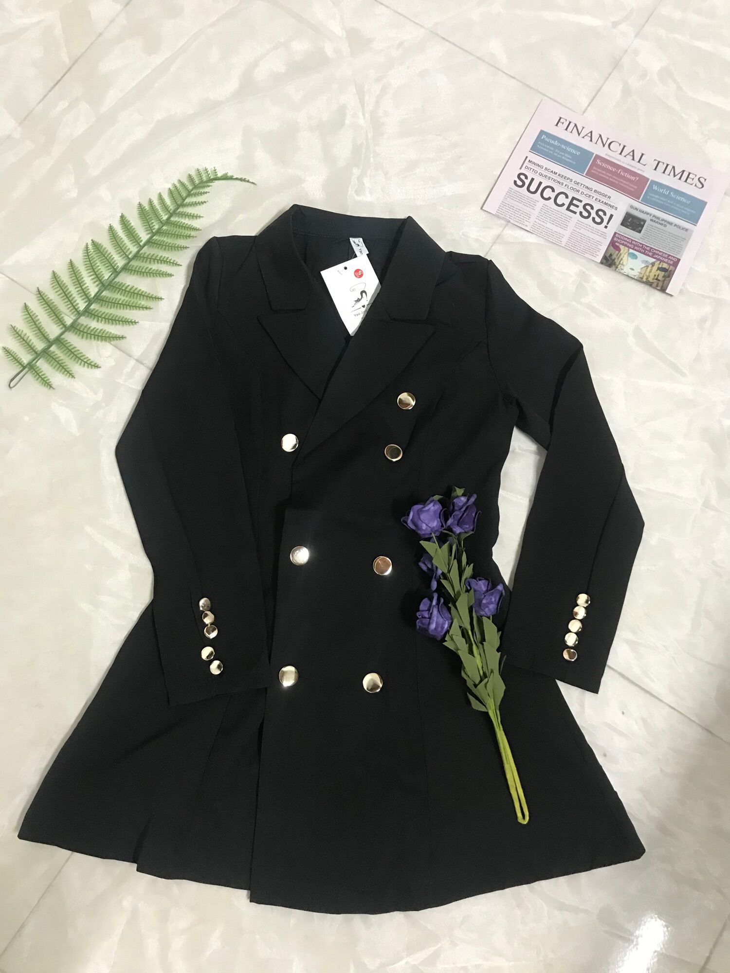 Đầm vest đen phối nút phong cách Retro Pháp sang trọng