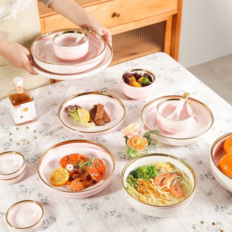 Bộ chén , bát , đĩa ăn hồng vân đá hoa cương