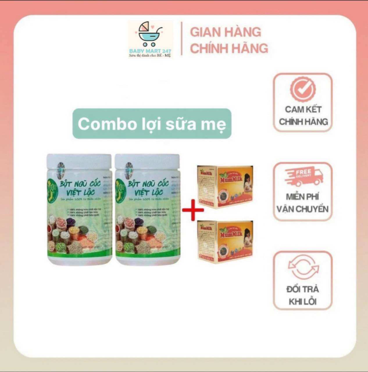 Combo 2 ngũ cốc lợi sữa việt lộc và 2 cốm lợi sữa mummilk, giúp tăng tiết sữa, sữa thơm, dinh dưỡng hơn