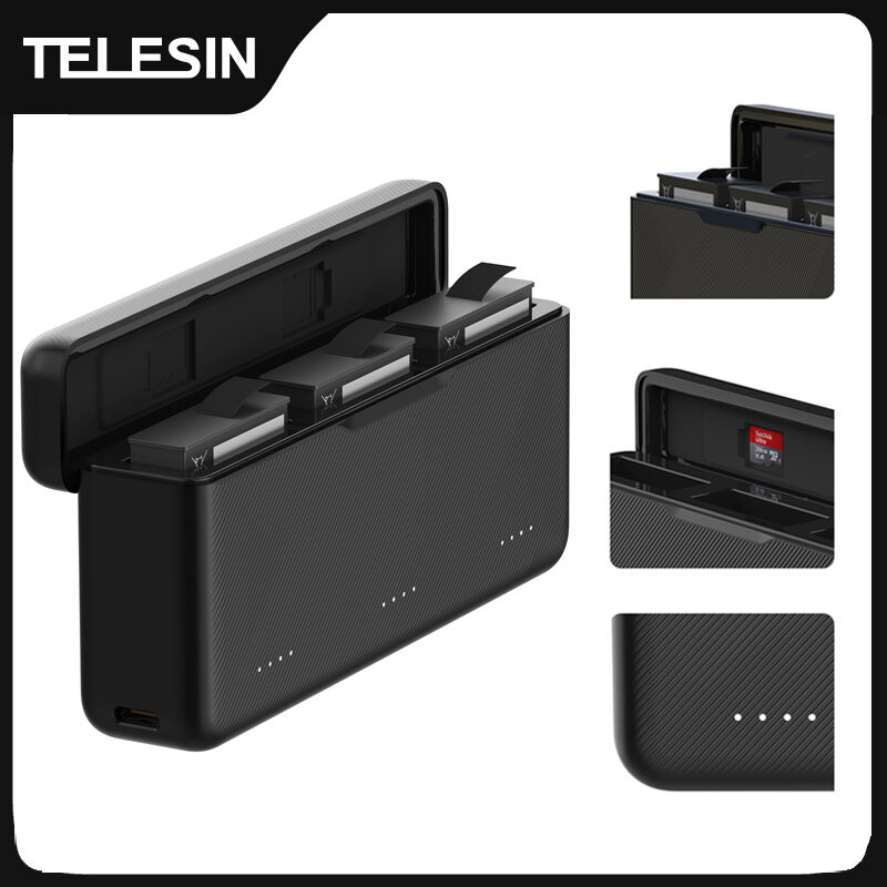 Bộ Sạc Pin TELESIN 3 Trong 1 Cho DJI OSMO Action 3/4/5 Pro Với Hộp Sạc Di Động Lưu Trữ Thẻ TF Cho Máy Ảnh Hành Động Thể Thao