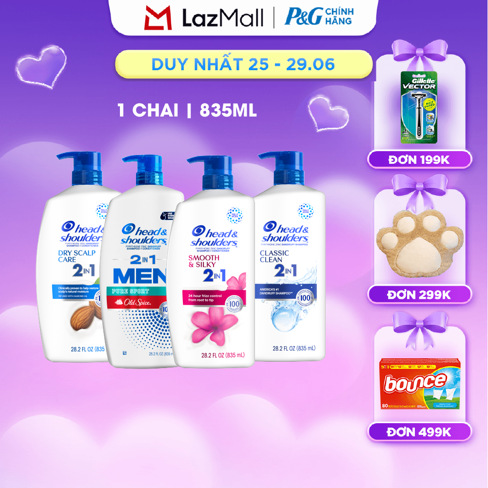 Dầu Gội Xả HEAD  SHOULDERS Nhập Khẩu Mỹ Sạch Gàu 2IN1 Hương Smooth  Silky/ Old Spice Pure Sport/ Classic Clean/ Dry Scalp Care Chai 835ML