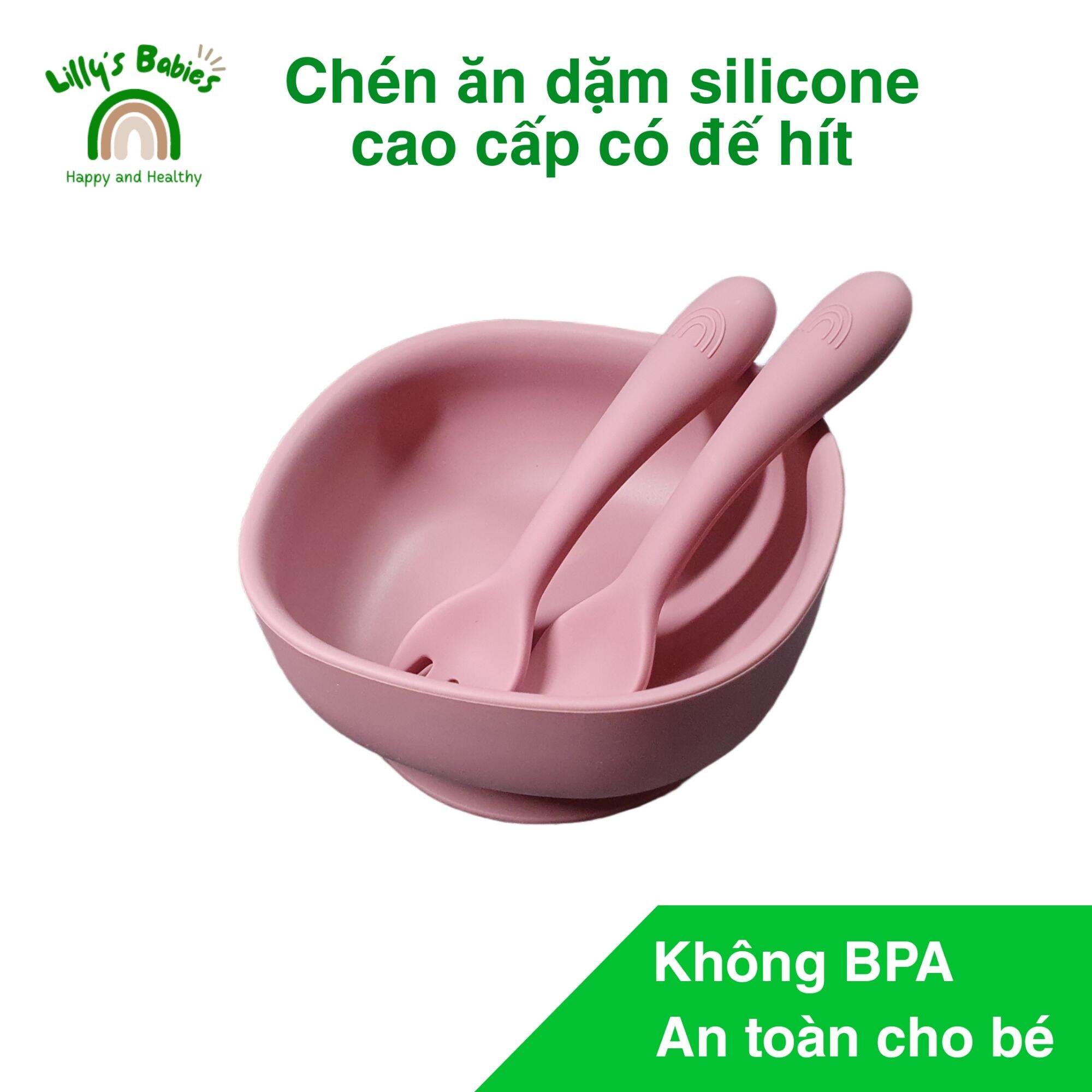 Chén ăn dặm silicone cao cấp có đế hít, màu hồng, không BPA và chất độc hại