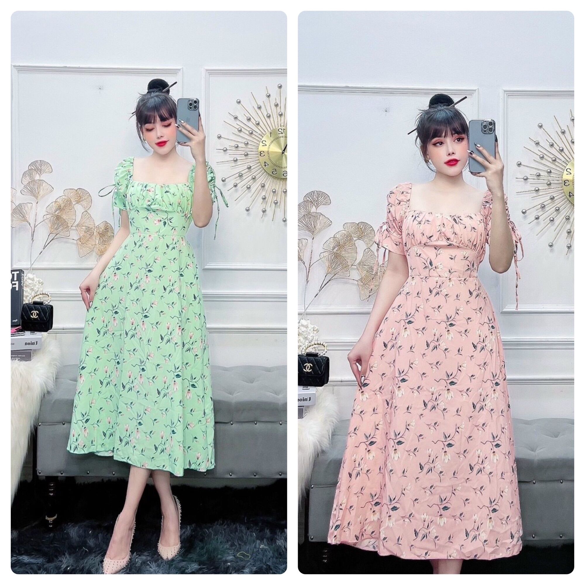 Đầm hoa cổ vuông tay phồng rút dây dáng dài.