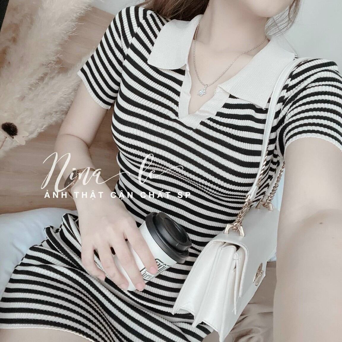Đầm sọc cổ v ôm body sọc ngang đen trắng #lsa