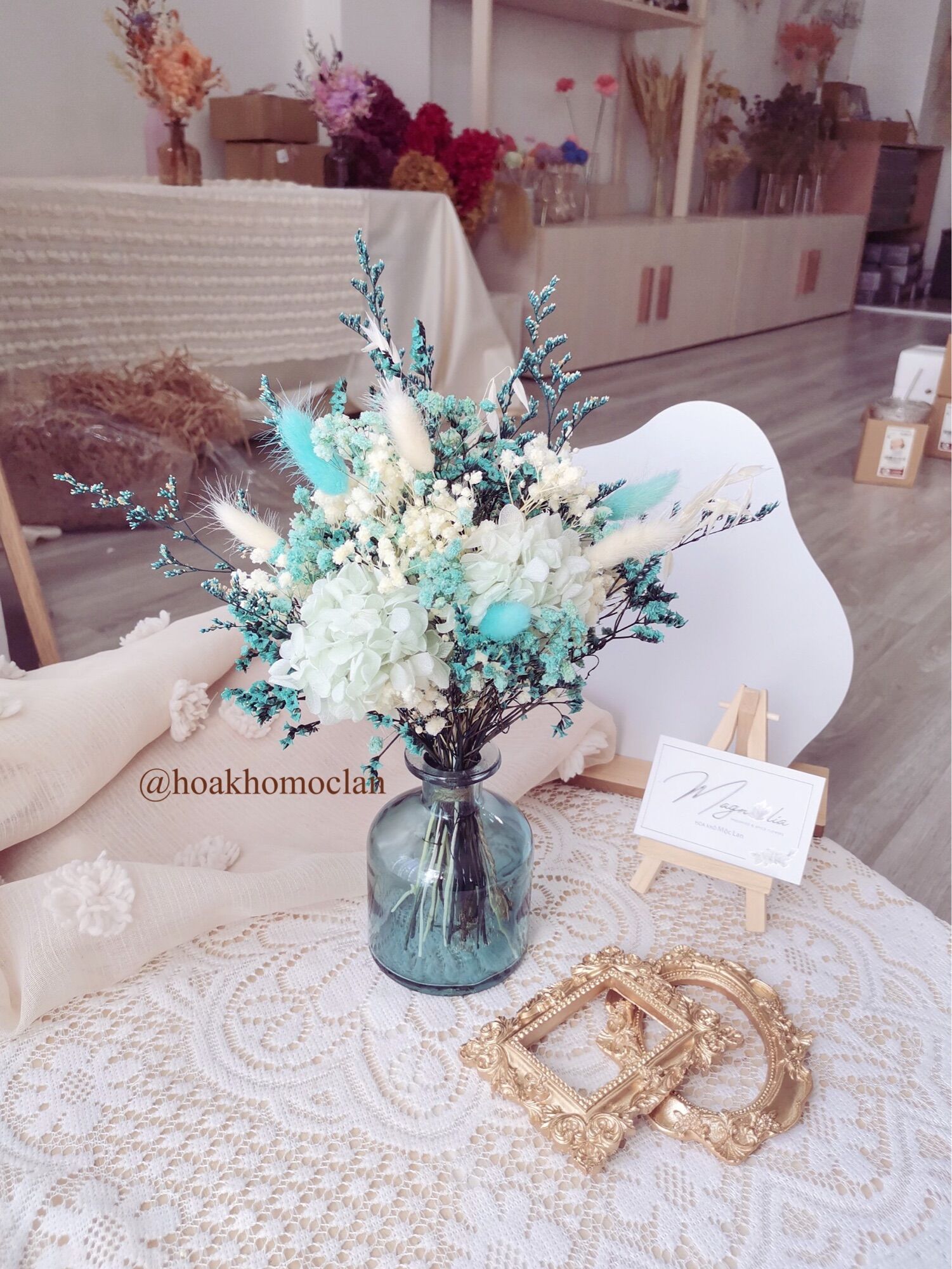 Set hoa khô mixed các loại kèm lọ bình thuỷ tinh decor trang trí vintage