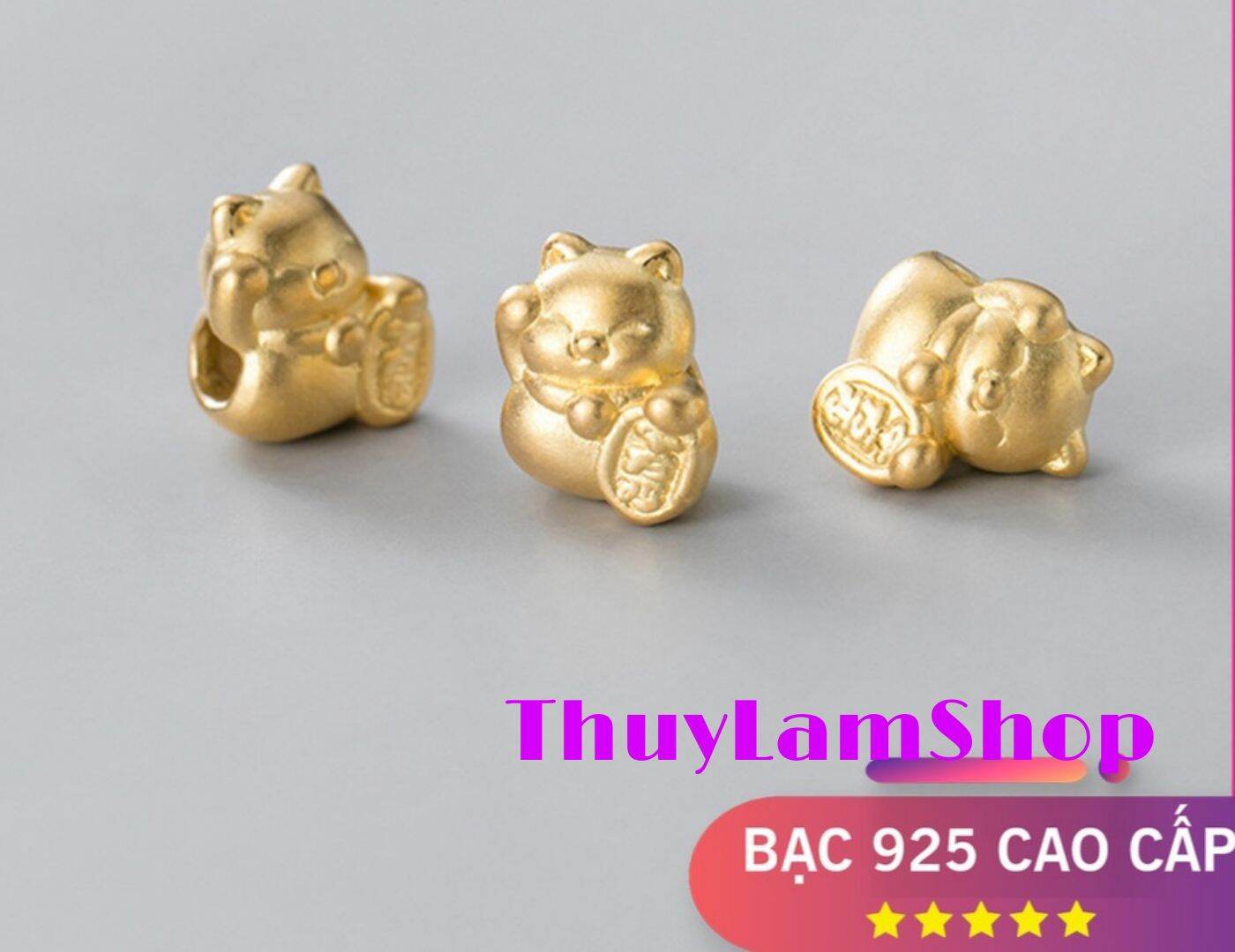 Charm mèo thần tài bạc S925 mạ vàng xâu vòng bạc đẹp