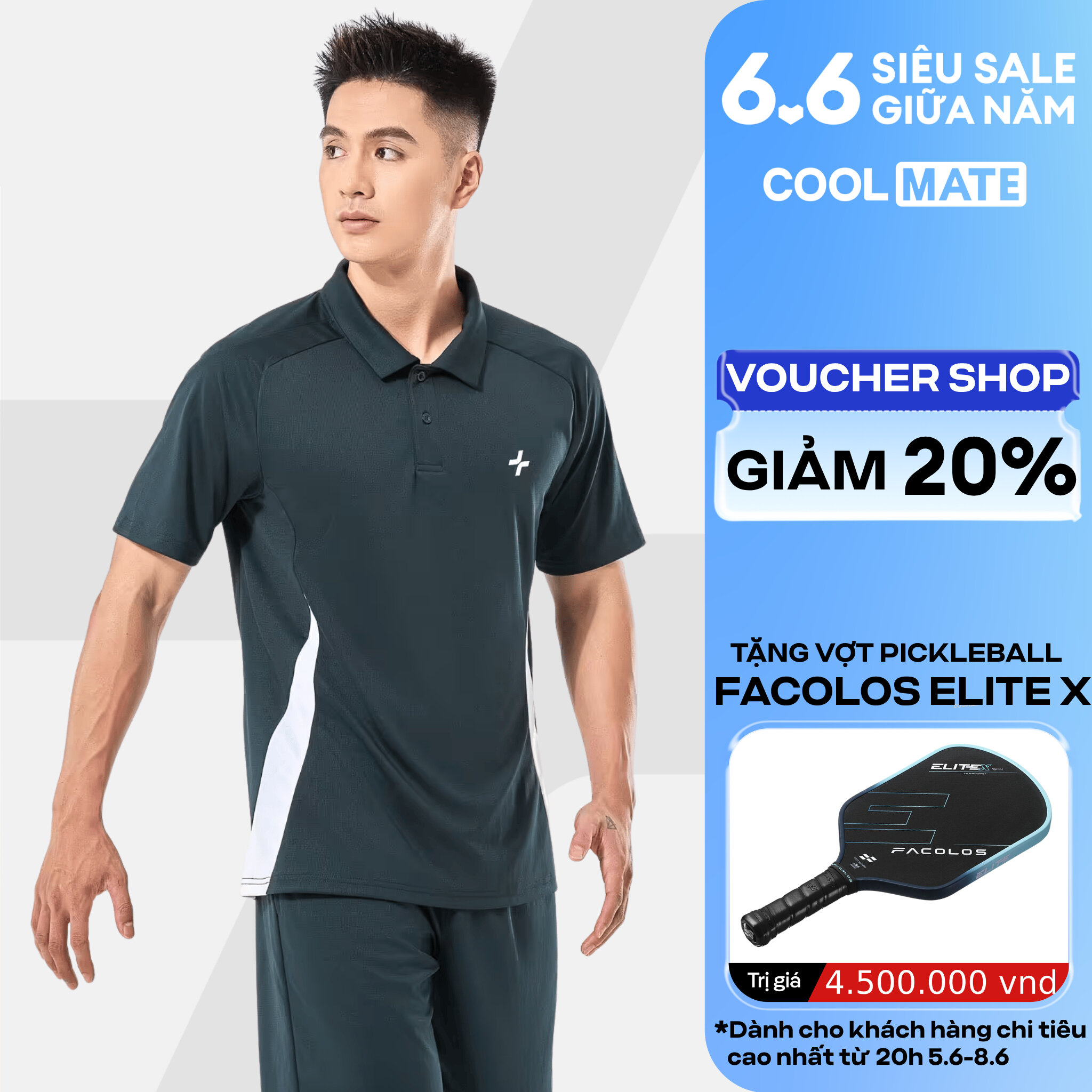 Áo Polo thể thao nam đa năng tập Gym, Pickleball Promax Sideflow co giãn, thấm hút, nhanh khô Coolmate