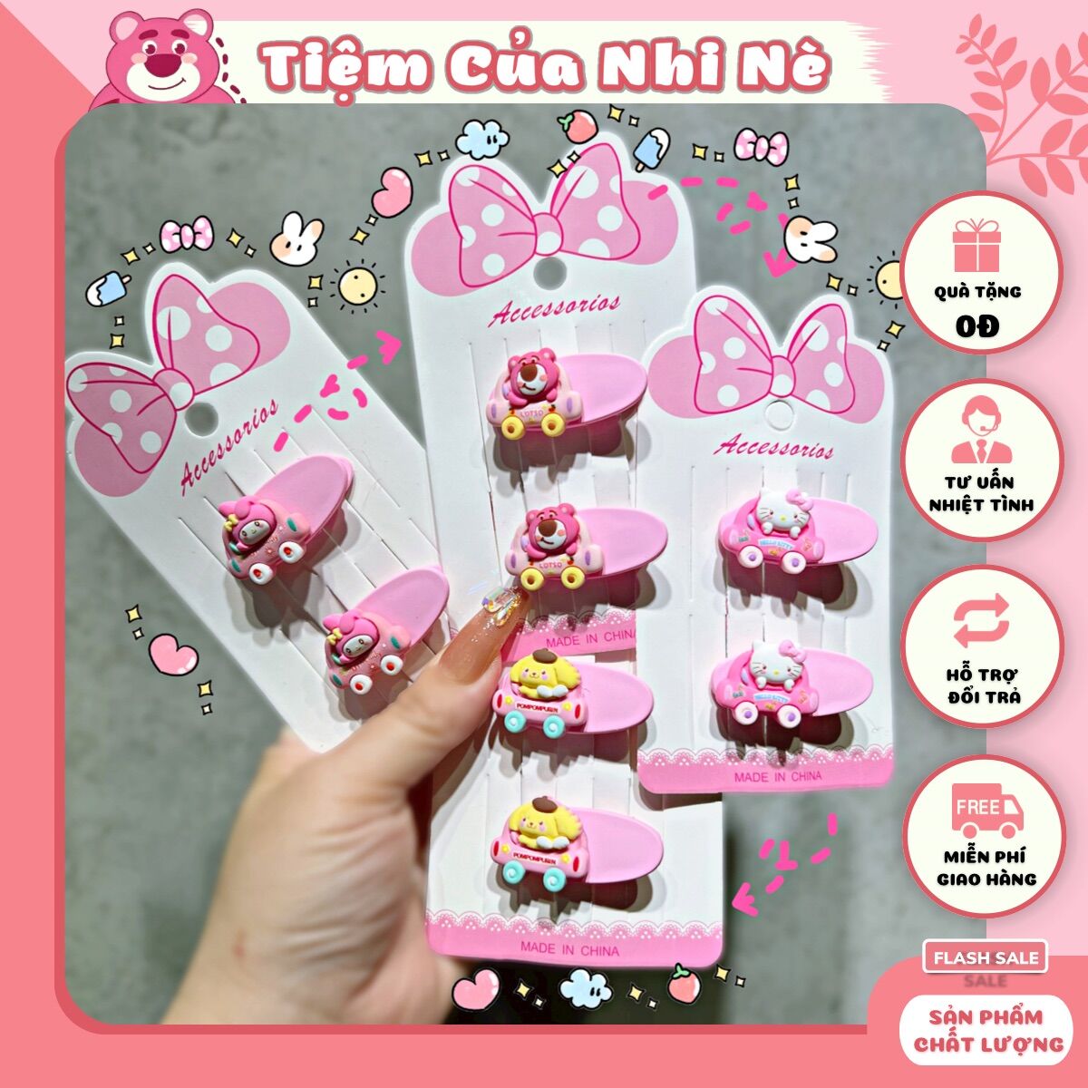 Set 2 kẹp tóc hello kitty gấu lotso cho bé