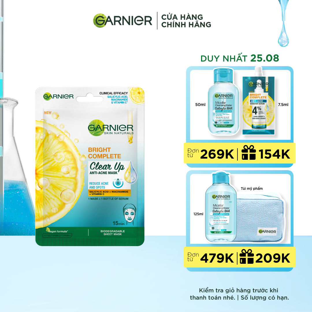 Mặt nạ tinh chất Vitamin C & Salycilic Acid giảm mụn Garnier Bright Complete Anti acne Serum Mask 23g