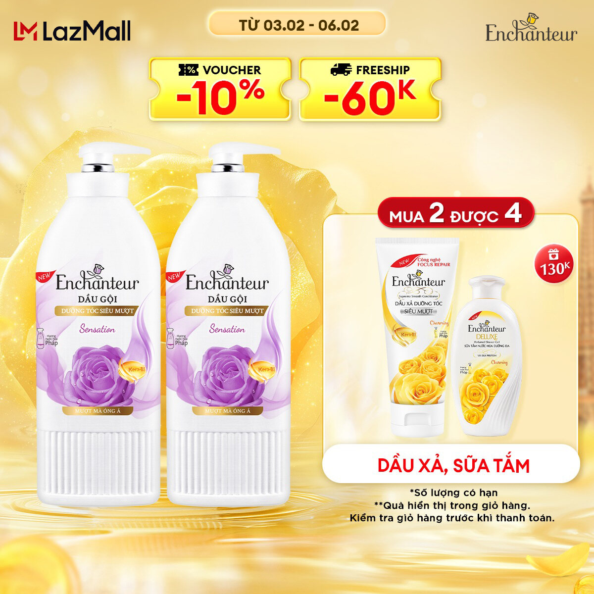 Combo 2 Dầu gội dưỡng tóc siêu mượt Enchanteur Sensation Keratin 650gr/Chai