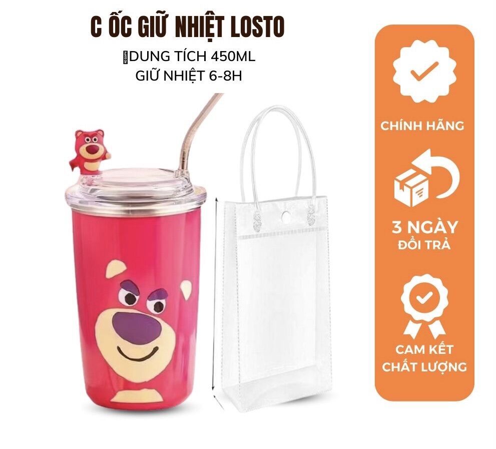 LY CỐC GIỮ NHIỆT HOẠ TIẾT GẤU DÂU LOSTO SIÊU XINH LÕI INOX 304 CHỐNG GỈ 450ML