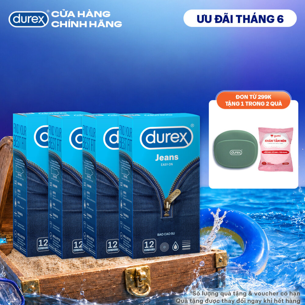 Combo 4 Bao cao su Durex Jeans cơ bản, bôi trơn, size 52.5mm, hộp 12 bao