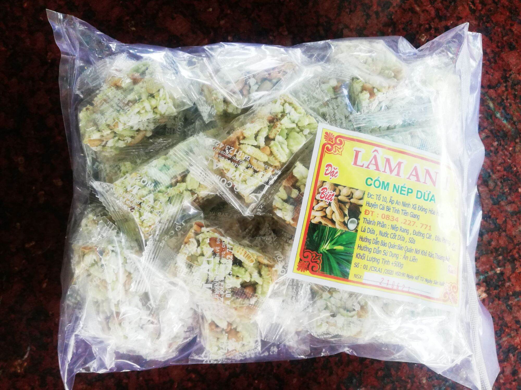 Cốm nếp dứa Lâm An loại 1 , KL 500g (Cốm nếp dứa nước cốt dừa đậu phộng siêu giòn)