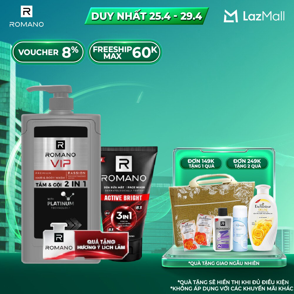 [Tặng kèm sữa rửa mặt 100 ml] Tắm gội 2 trong 1 Romano 2in1 Vip Passion 650g/chai