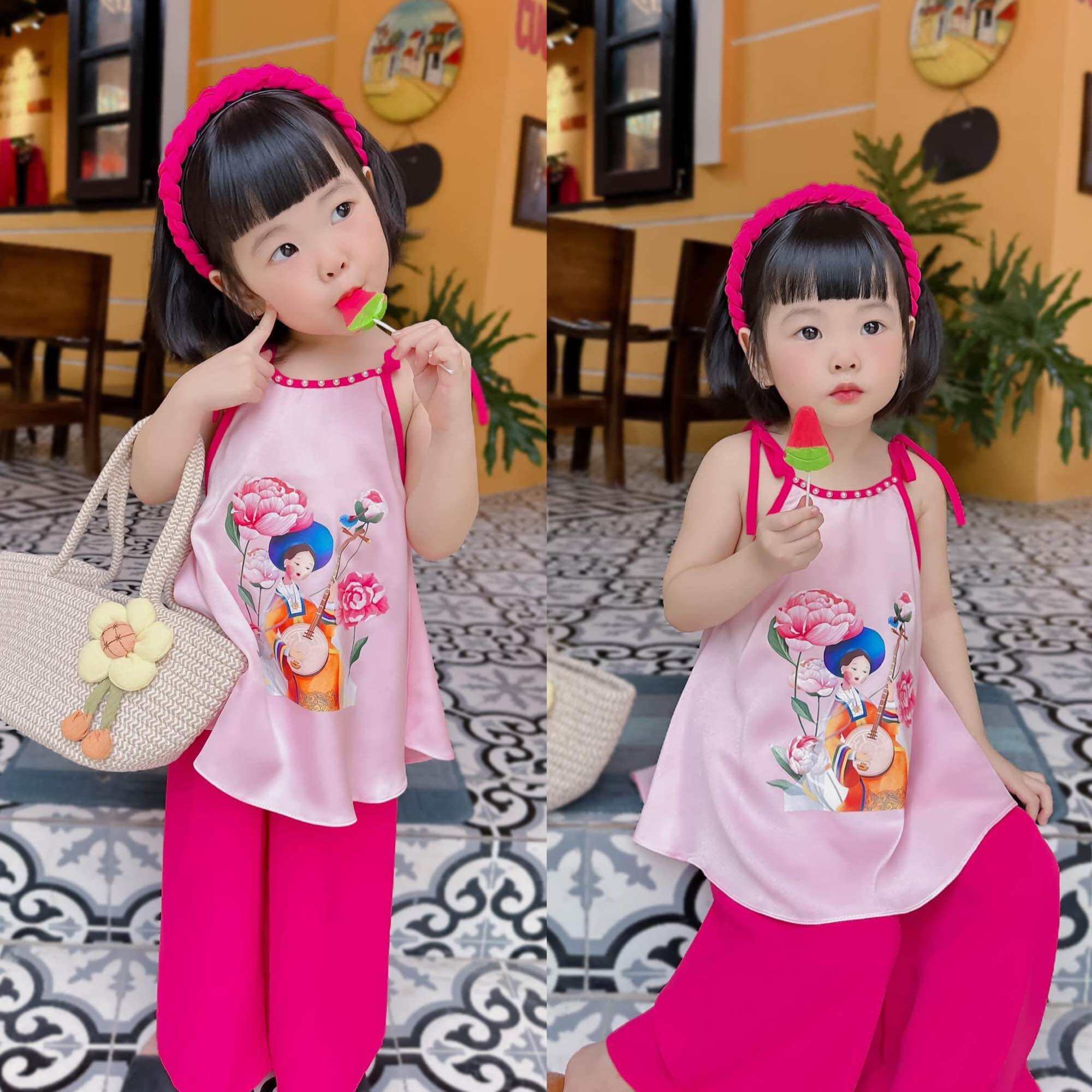 Set áo yếm quần lụa tặng kèm bờm cho bé vui Trung Thu