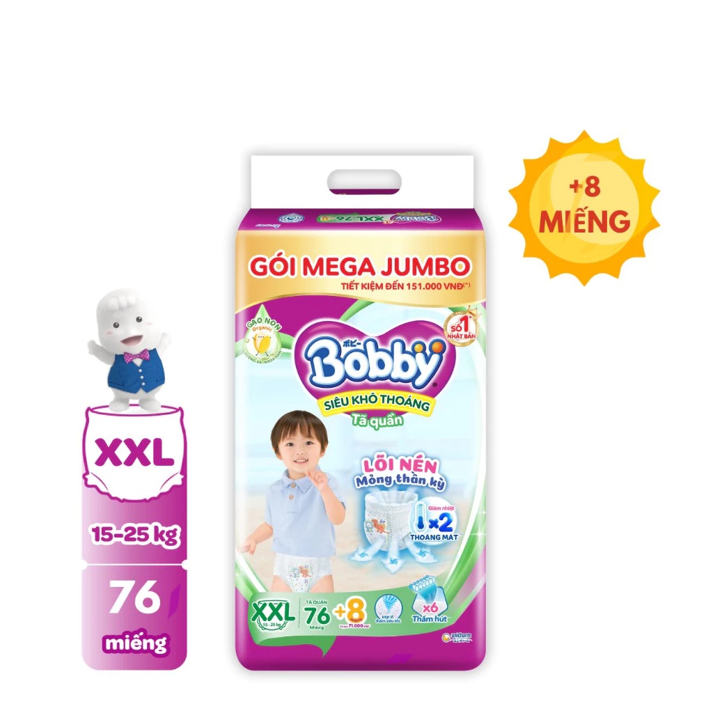 Tã quần bobby xxl76+8 miếng gạo non organic mới cho bé 15 -25kg ]..