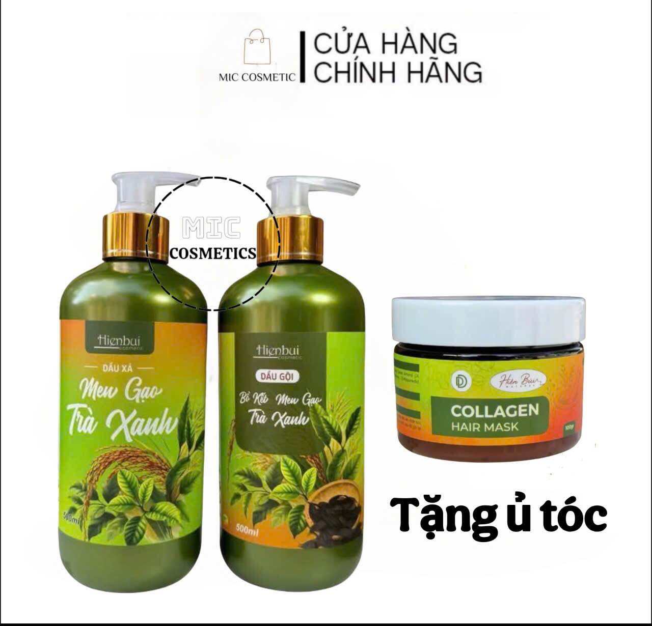 Combo Dầu Gội & Dầu Xả Bồ Kết Men Gạo Trà Xanh Hiền Bùi 500ml Tặng Ủ Dưỡng Tóc Collagen