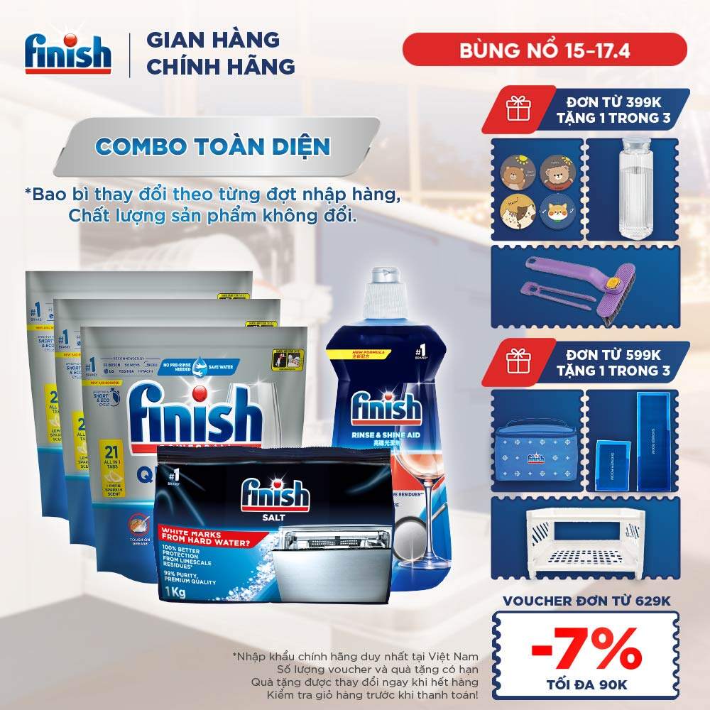 Combo Finish nâng cao: Bộ 3 túi viên rửa chén Quantum 21 viên + Nước làm bóng 500ml + Muối rửa chén bát 1kg