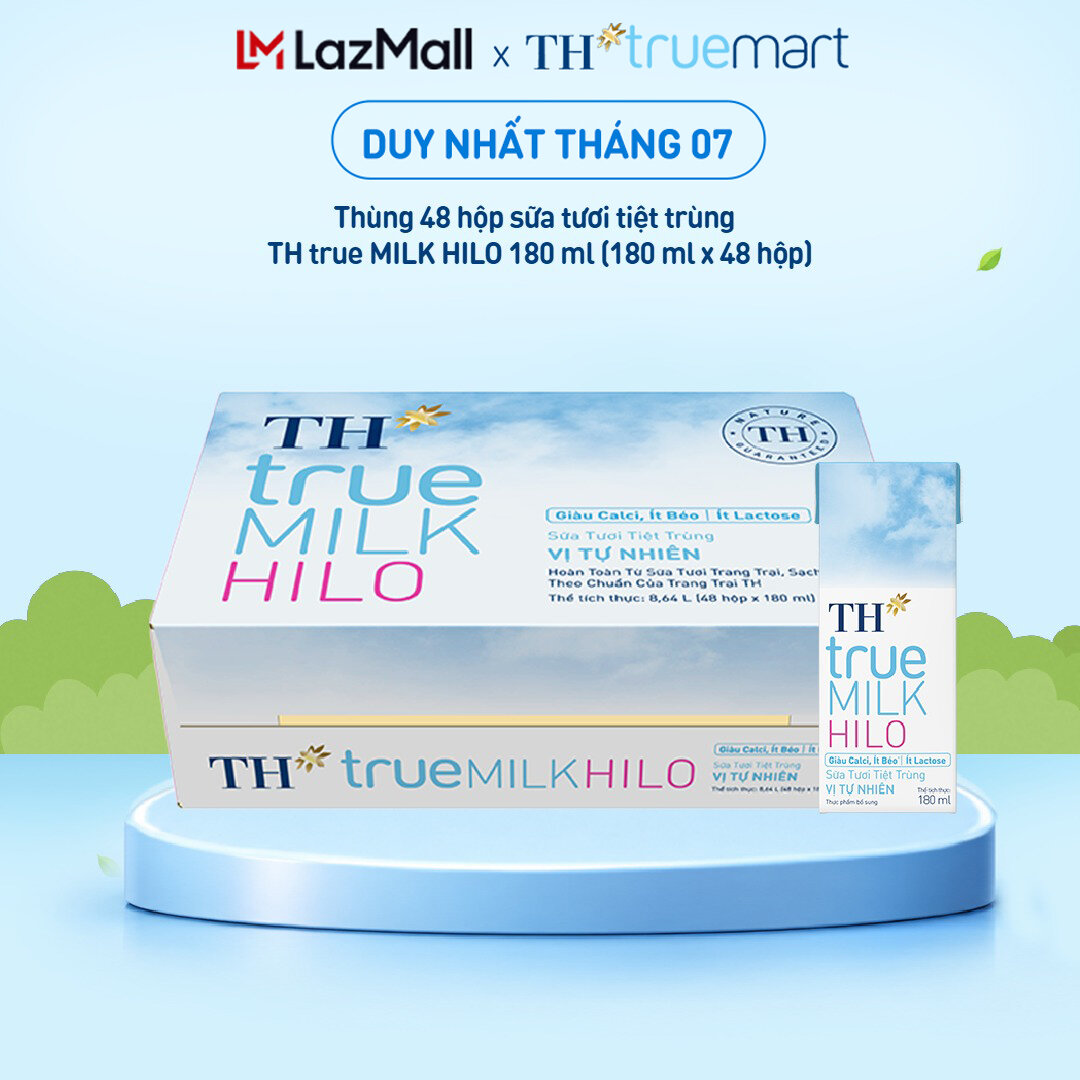 Thùng 48 hộp sữa tươi tiệt trùng TH true MILK HILO vị tự nhiên 180 ml (180 ml x 48)