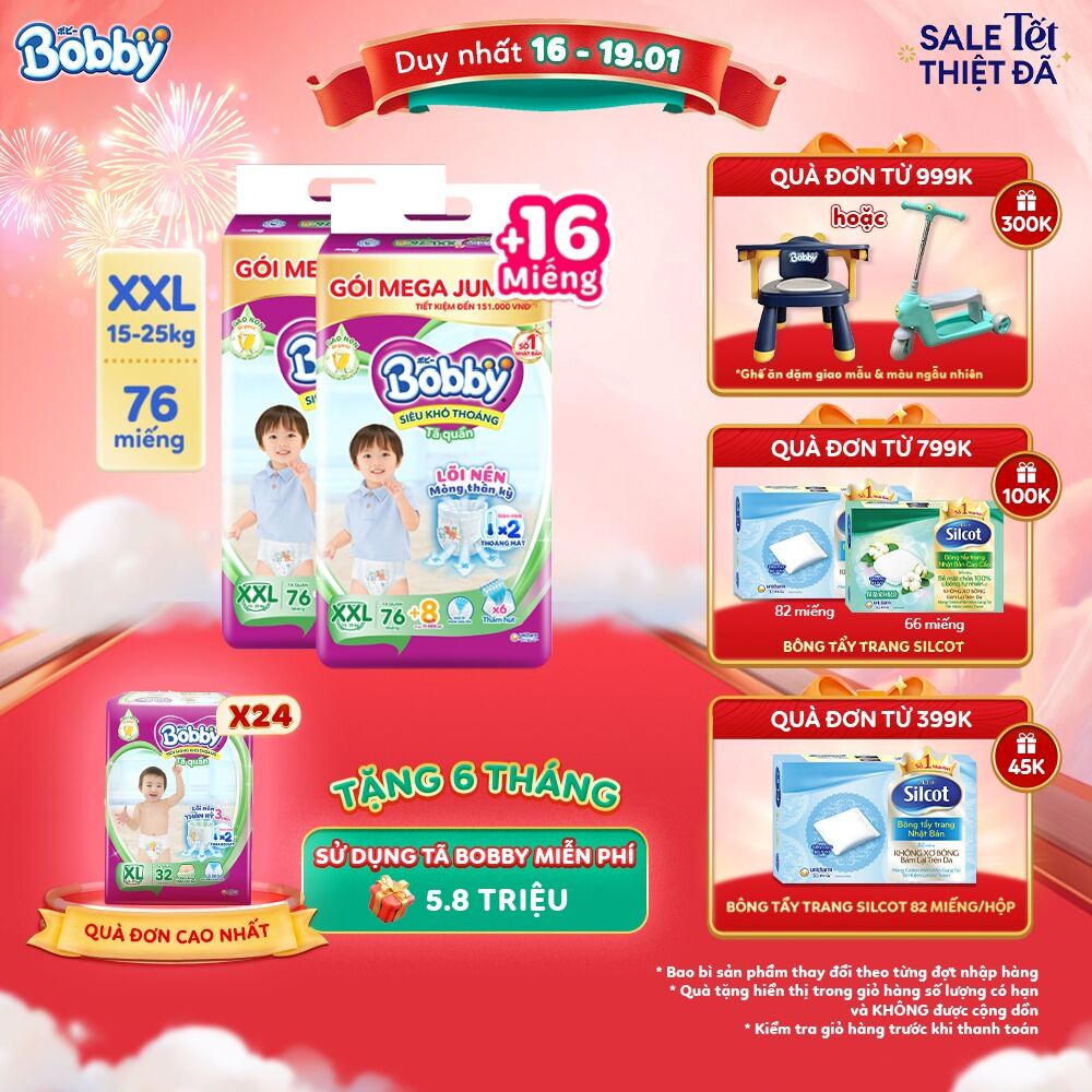 Combo 2 gói Tã quần Bobby Mega Jumbo Gạo non 3mm  M112/L96/XL84/XXL76