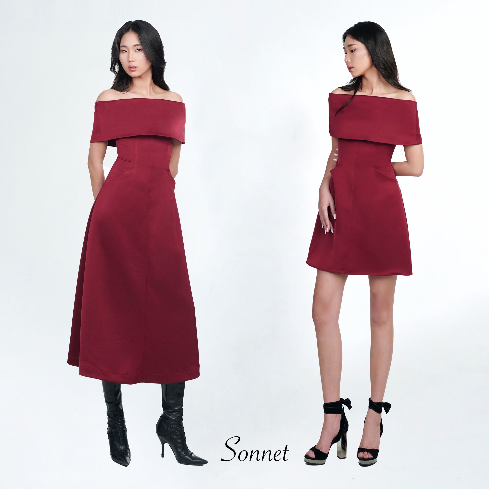 Đầm thiết kế cao cấp body trễ vai tiểu thư sang chảnh dáng dài màu đỏ đô_ Jo Dress