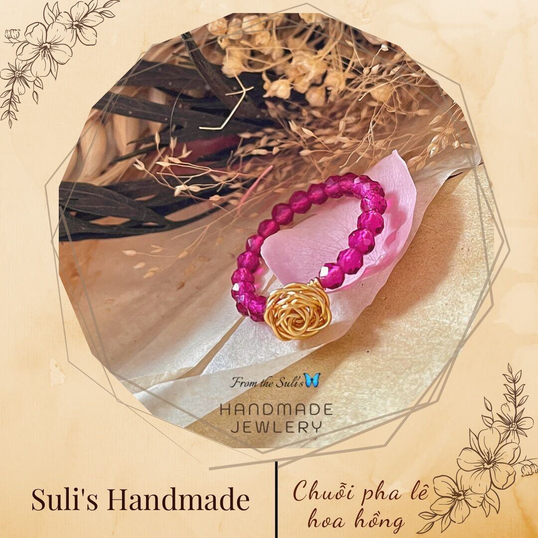 Nhẫn nữ đeo tay hoa hồng, chuỗi hạt pha lê lựu đỏ, thủ công, diy [Suli'shandmade]