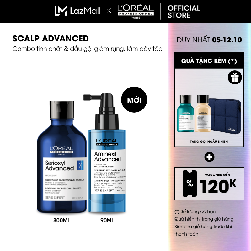 Combo Tinh chất giảm rụng Aminexil Advanced 90ml & dầu gội Serioxyl Advanced làm dày tóc chuyên nghiệp 300ml