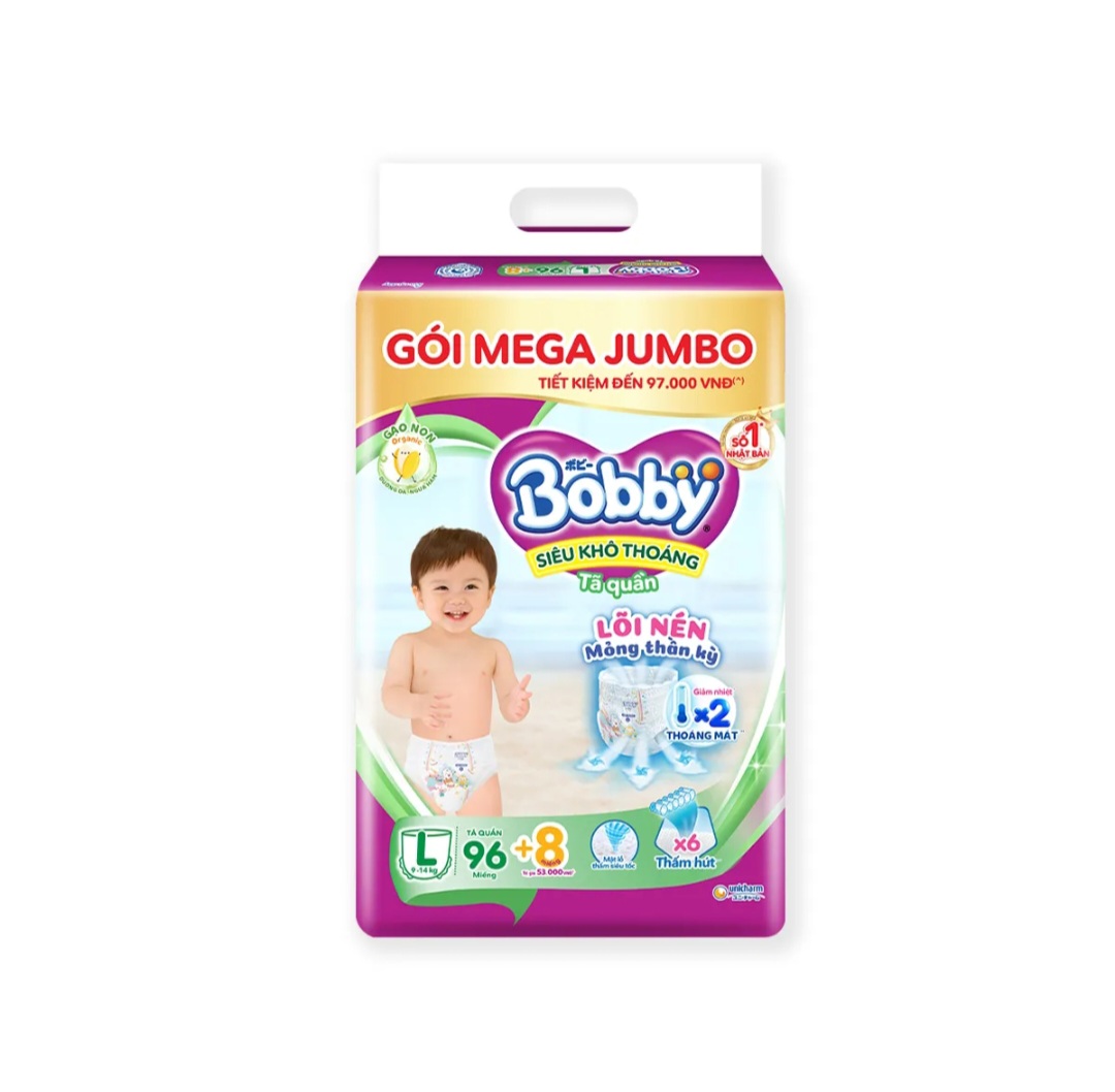 [Mới] Tã quần Bobb 3mm Mega Jumbo Gạo non L96+8