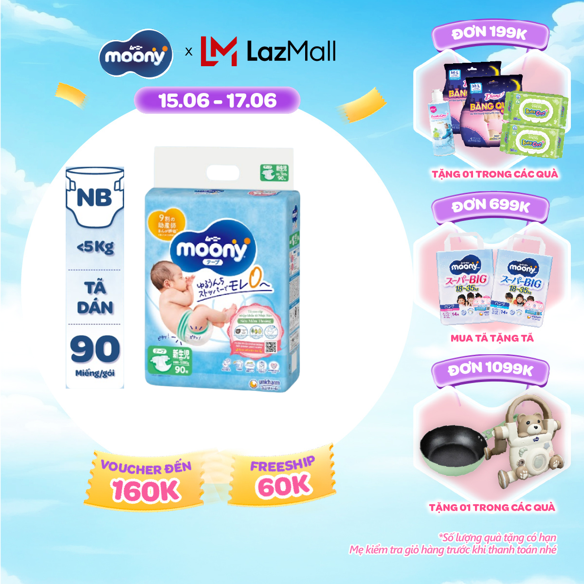 [SALE GIỮA THÁNG tặng QUÀ TO-SLCH] Tã dán cao cấp Moony Newborn 90 miếng - Nhập khẩu từ Nhật Bản
