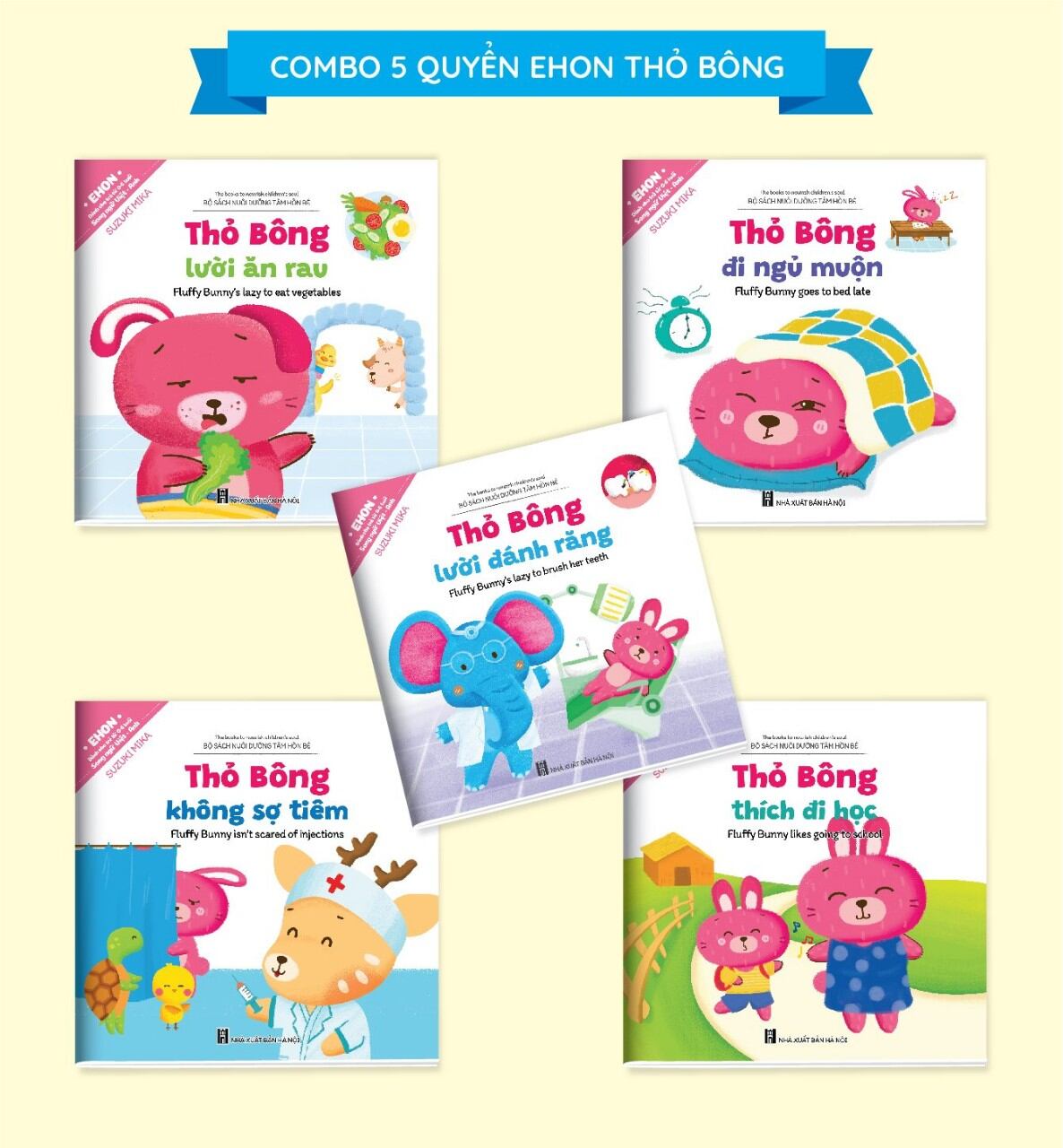 Combo 5 cuốn Ehon Thỏ bông, câu chuyện giáo dục kỹ năng sống cho bé trong cuộc sống hàng ngày: ăn rau, ngủ sớm, không sợ tiêm, thích đi học