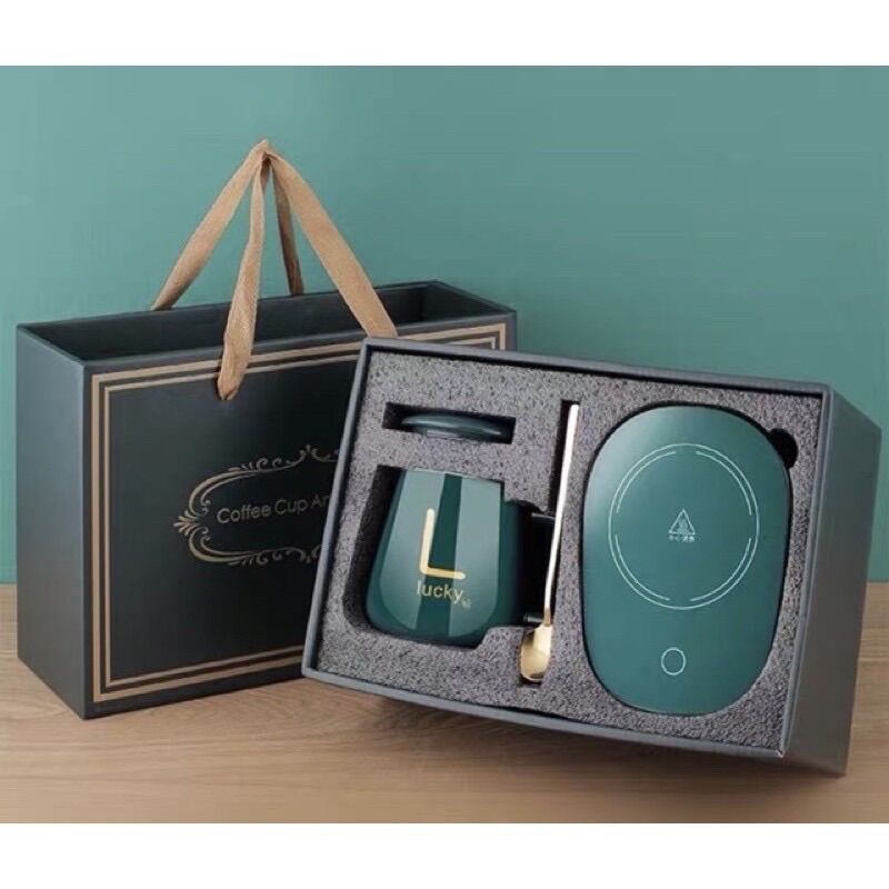 Cốc Hâm Nóng đồ uống kèm đế điện, Bộ ly sứ kèm đế điện hâm nóng trà, cafe, hâm sữa + Tặng kèm thìa vàng, hộp sang trọng