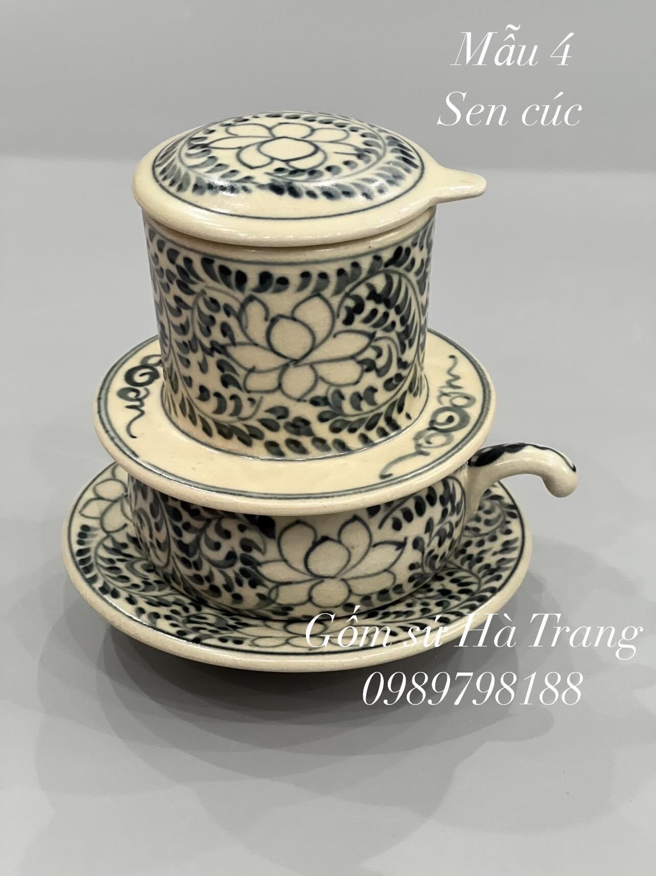 Phin pha cafe gốm sứ Bát Tràng cao cấp men rạn vẽ sen cúc