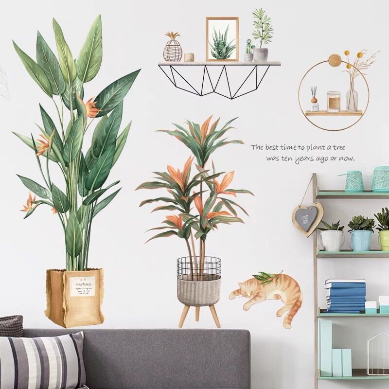 Decal dán tường 2 chậu cây và mèo.
