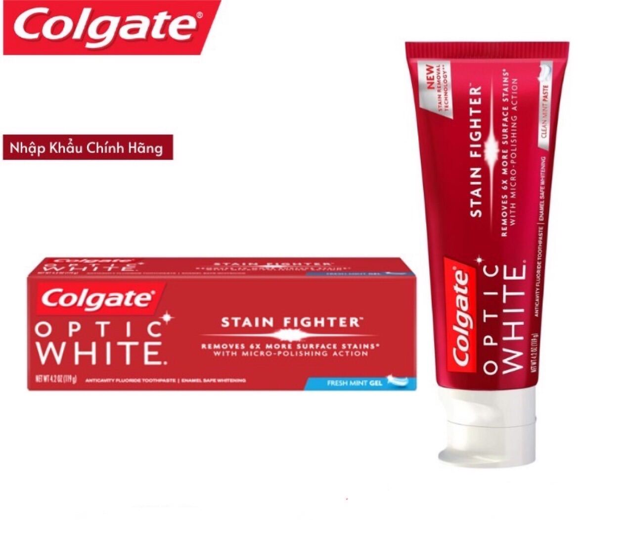 [Hcm][Hàng Usa] Kem Đánh Răng Colgate Optic White Stain Fighter Fresh Mint Gel With Micro Polishing Action 119G 4.2 Oz