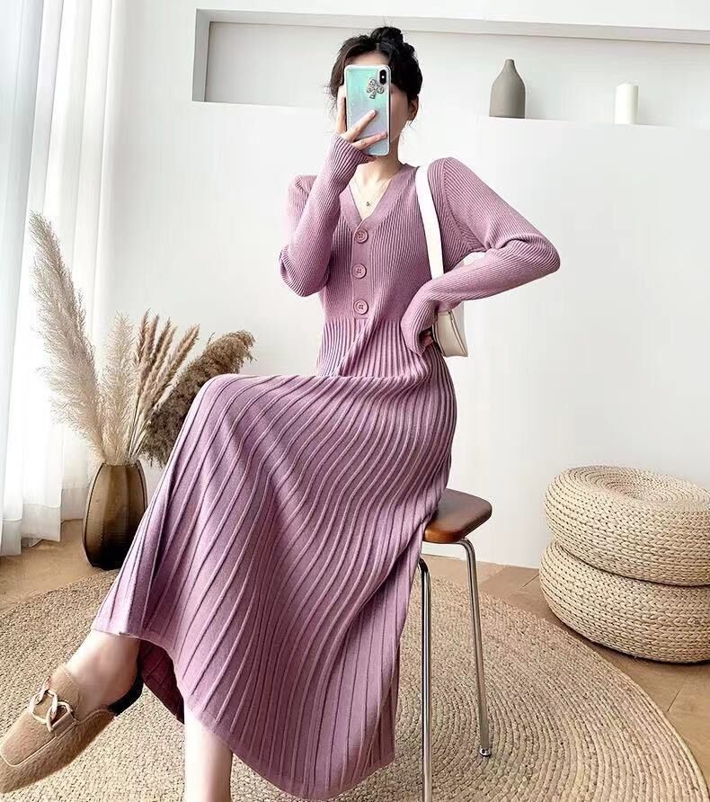 Váy len dáng dài cổ chữ V eo thon cao cấp