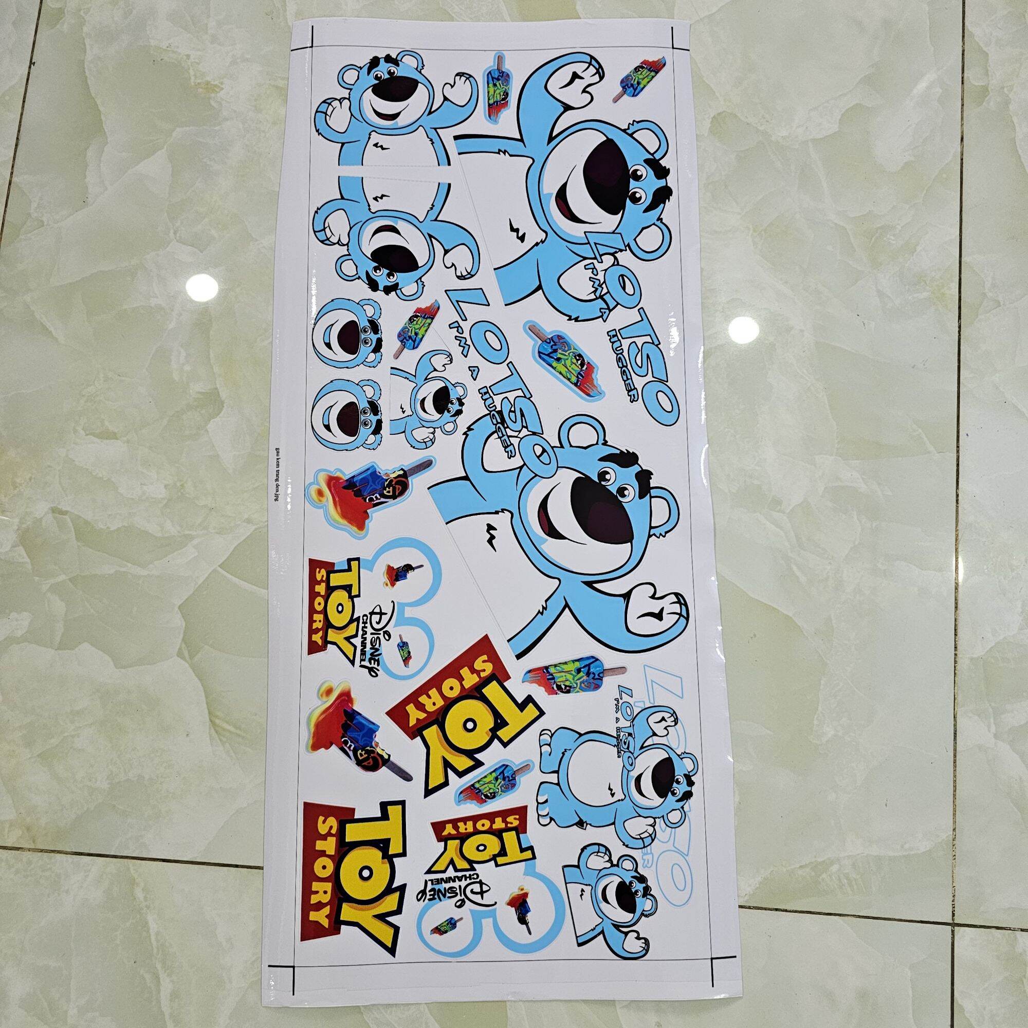 Combo logo sticker tem gấu dâu lotso xanh dễ thương dán trang trí xe máy 20x60cm