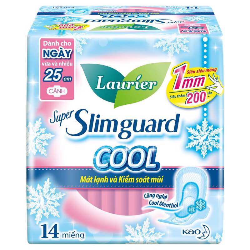 Băng Vệ Sinh Laurier Siêu Mỏng Cánh 1mm Super Slimguard Cool Mát Lạnh (25cm-14M)