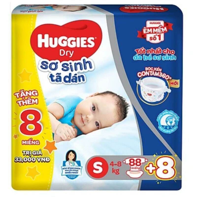 [Tặng thêm 8 miếng] Tã dán sơ sinh Huggies S88 +8 miếng. Date 2024