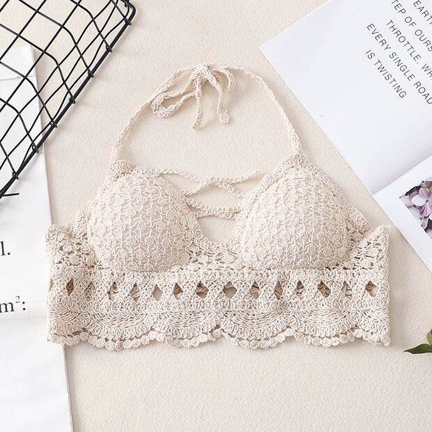 Bikini đi biển, áo len ren Quảng Châu lẻ đan ngực kèm mút 2 màu trắng, kem Vivi Shop
