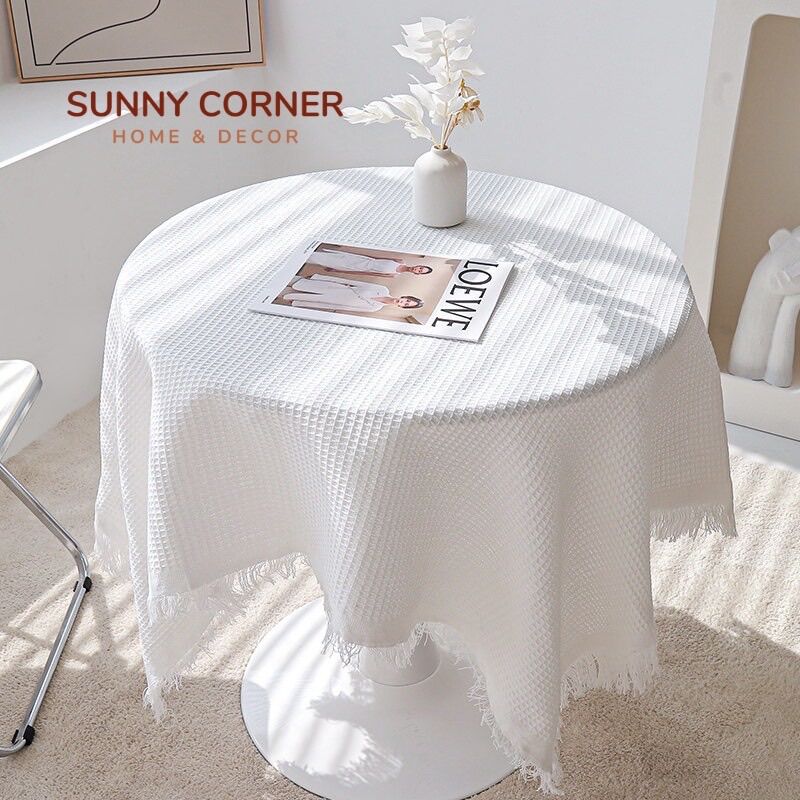 Khăn trải bàn vintage màu trắng kem, hoạ tiết tổ ong, khăn trải bàn tròn/vuông/chữ nhật, decor phong cách Bắc Âu