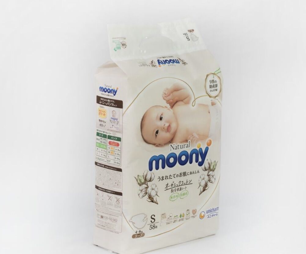 Bỉm - Tã dán Moony Natural nội địa size S 58 miếng (4 - 8kg).Date 2025