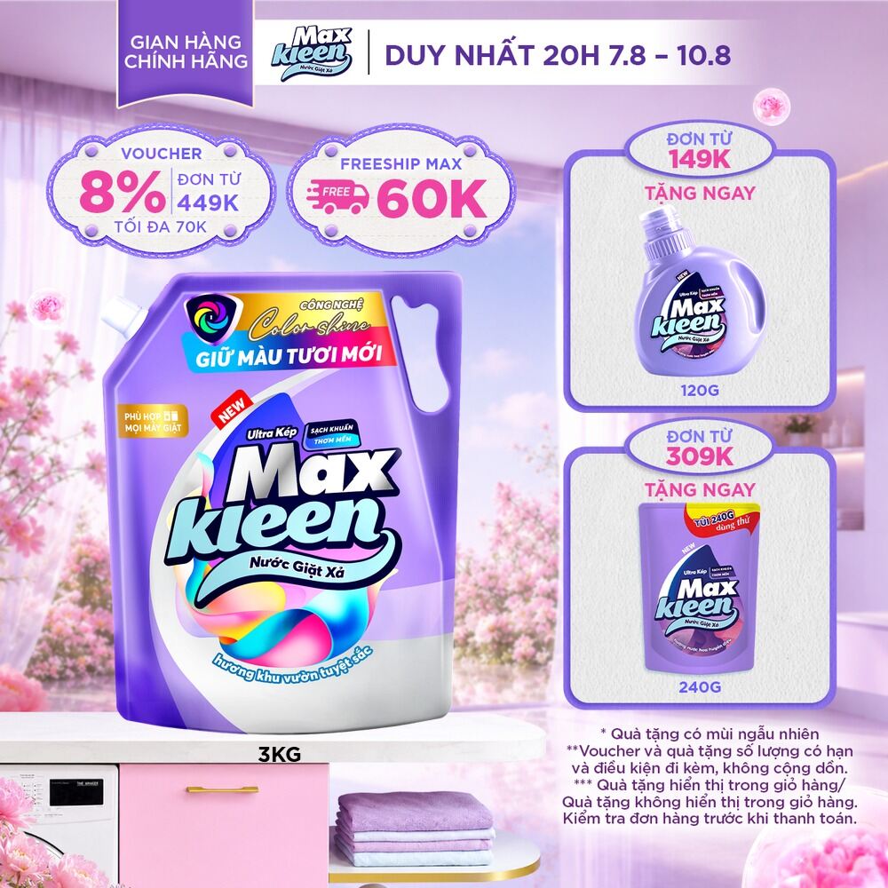 Túi Nước Giặt Xả MaxKleen Giữ Màu Tươi Mới Hương Khu Vườn Tuyệt Sắc 3kg/Túi
