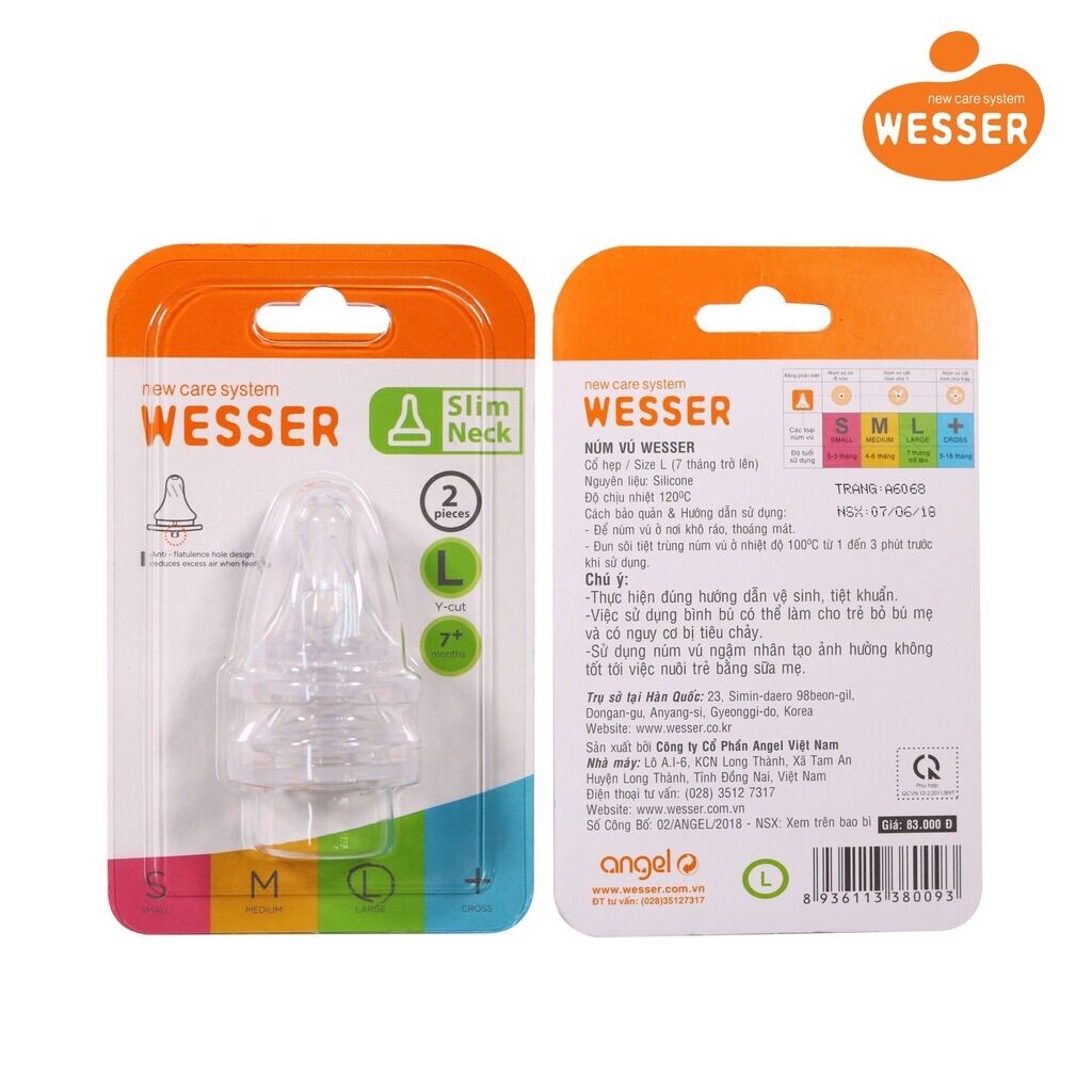 Núm Vú Wesser silicone Cổ Hẹp cho bé Size S M L+